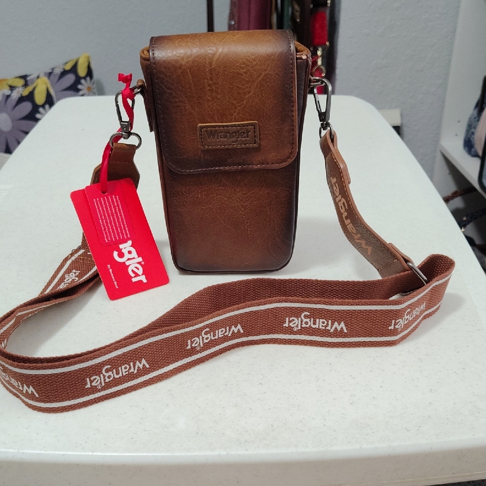 Wrangler Brown Faux Leather Crossbody Phone Bag with Branded Adjustable Strap